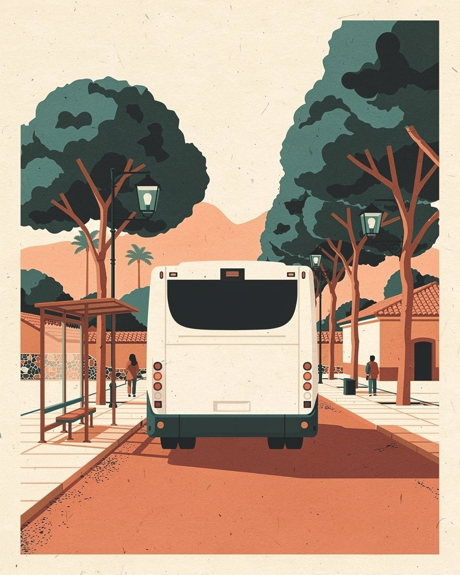 Autobús urbano alejándose de una marquesina vacía con los paneles en blanco