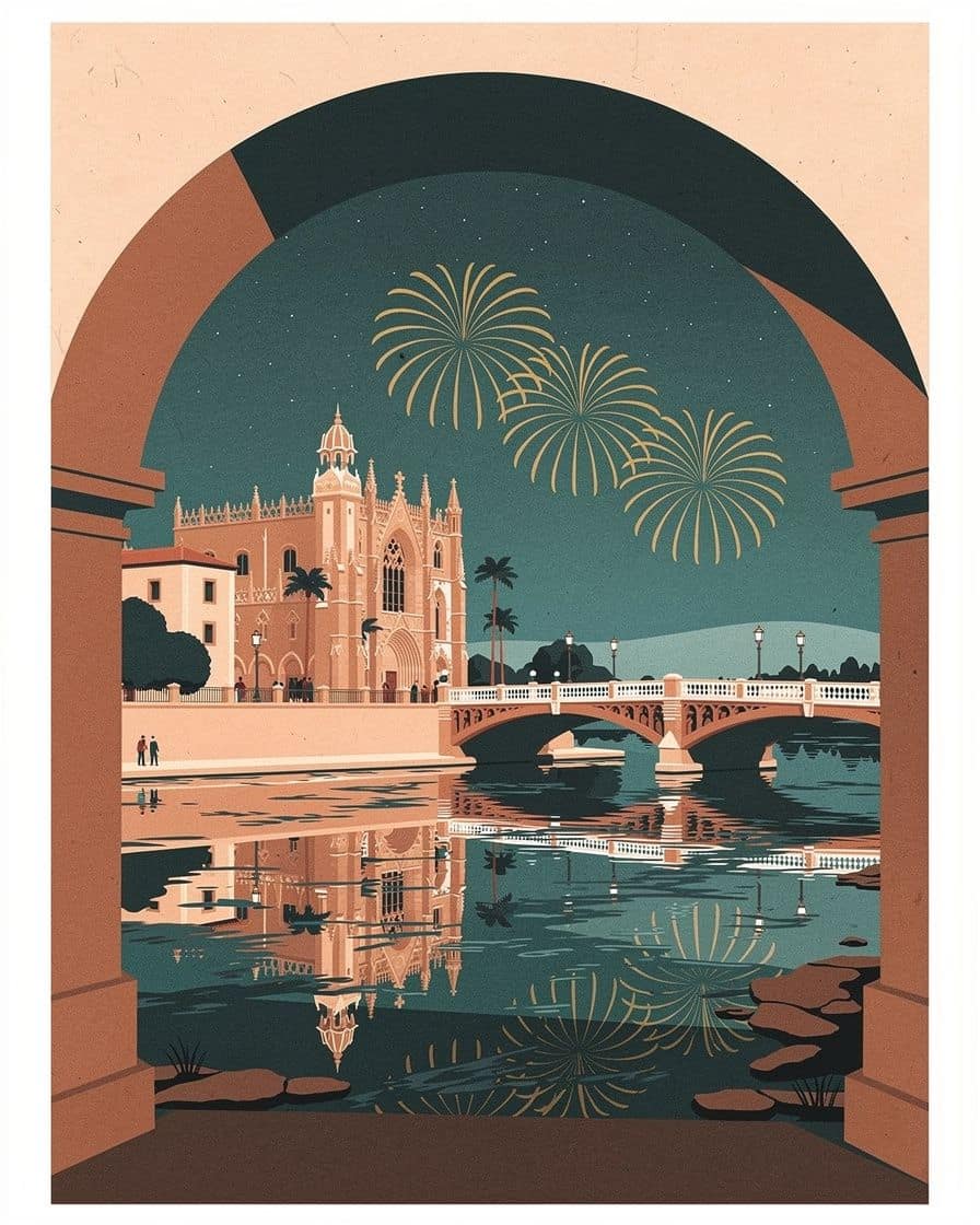 Castillo de feux d'artifice au-dessus du pont de Monteolivete à Valence la nuit, avec des palmiers de lumière dorée qui se reflètent dans le lit du Turia
