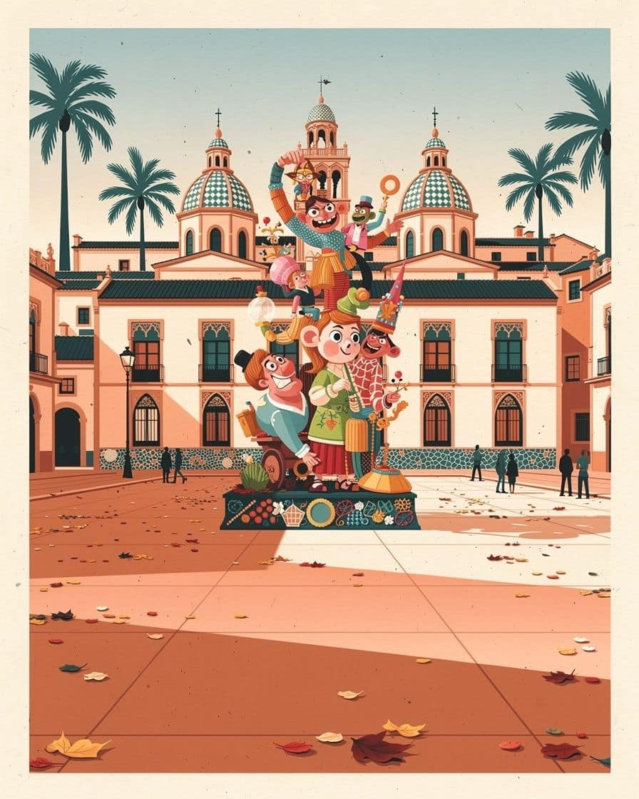 Falla monumental de cartón piedra en una plaza de Valencia a primera hora de la mañana, con figuras satíricas de colores y la calle casi vacía
