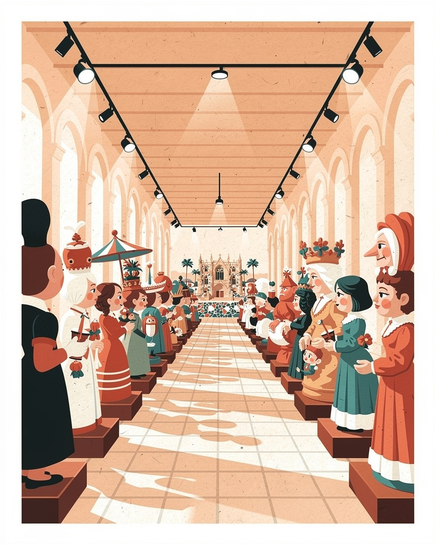 Sala del Museo Fallero de Valencia con decenas de ninots indultados de distintas épocas alineados bajo focos, figuras de cartón y madera pintadas a tamaño natural
