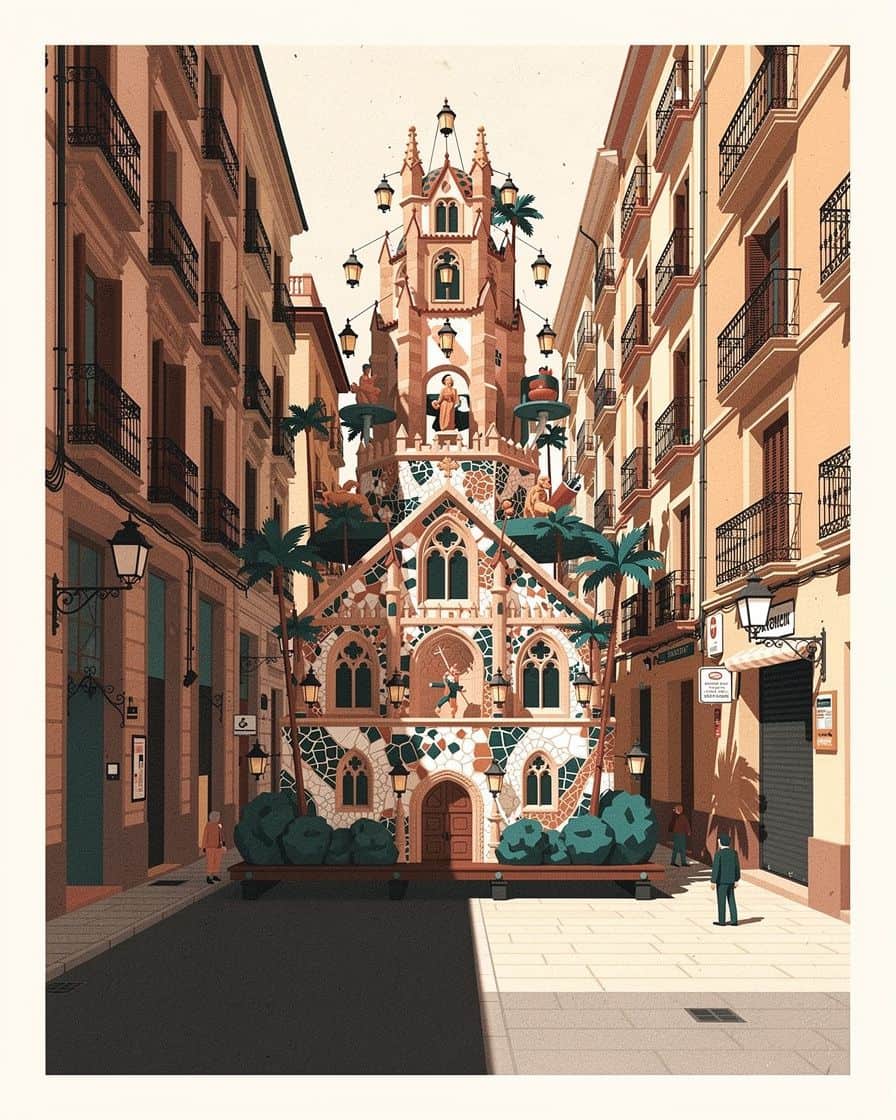Falla de gran tamaño instalada en una calle estrecha del barrio del Carmen en Valencia, con balcones antiguos y farolillos colgados alrededor del monumento
