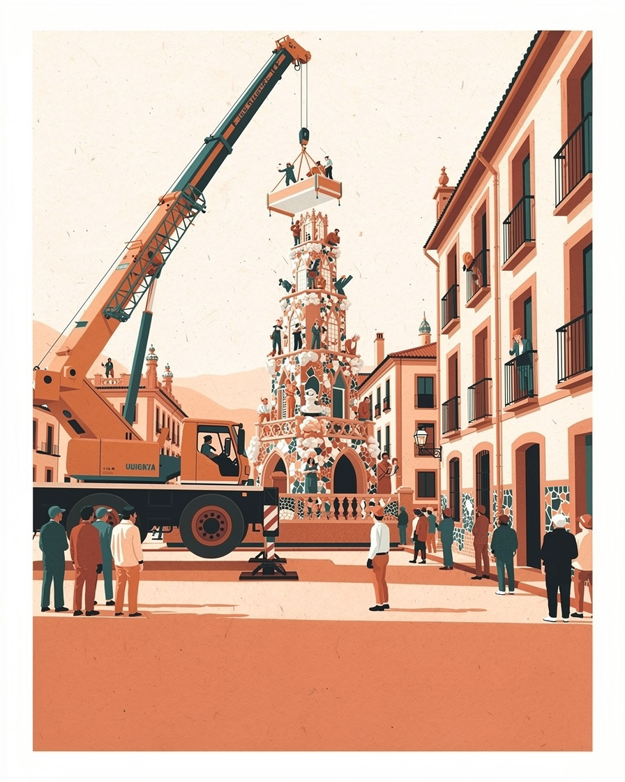 Grúa colocando la pieza superior de una falla grande en una calle de Valencia durante la plantà, con operarios y vecinos observando desde la acera