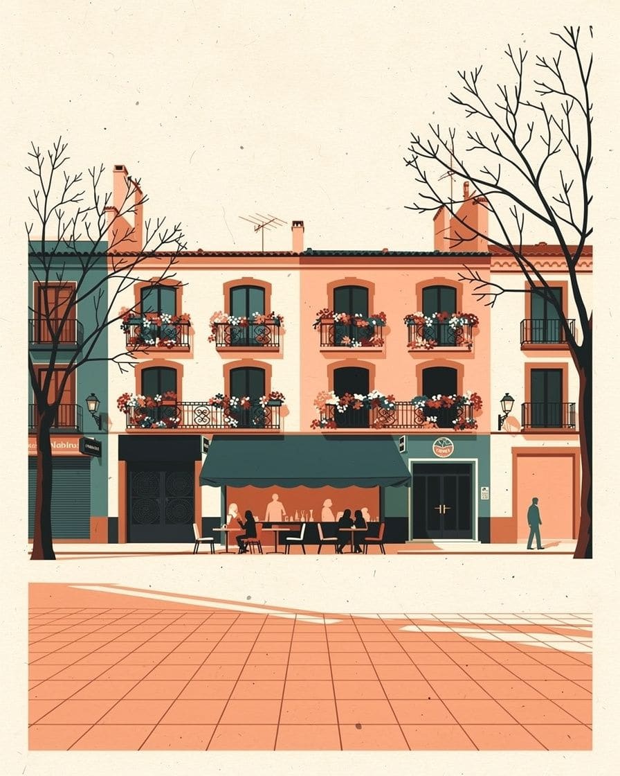 Façade d'un immeuble moderniste du quartier de Ruzafa à Valence, avec des balcons fleuris et une terrasse de bar au rez-de-chaussée