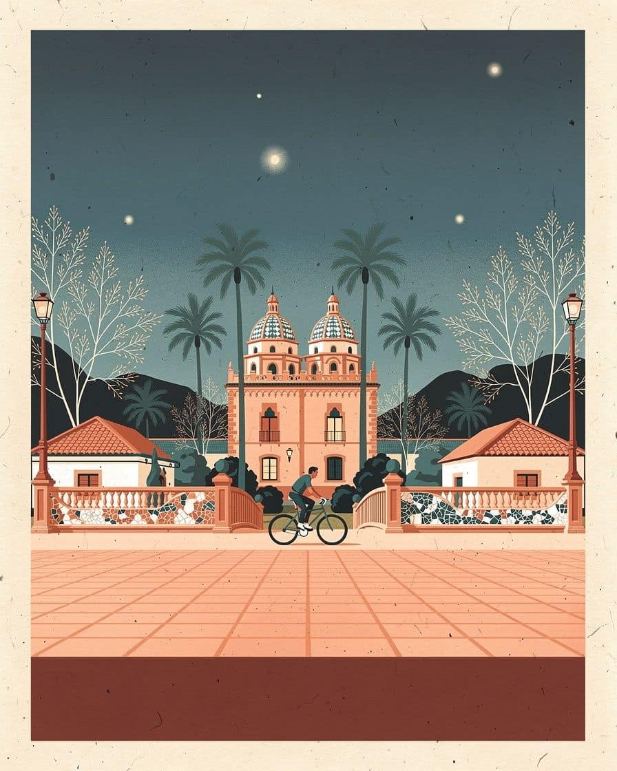 Ciclista cruzando un puente peatonal sobre el jardín del antiguo cauce del Turia en Valencia un domingo soleado, con palmeras y césped a los lados